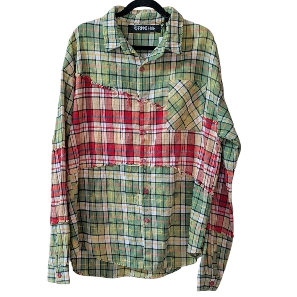 Streetwear, Green And Pink Patchwork Fringe Flannel Shirt. Trnchs XL